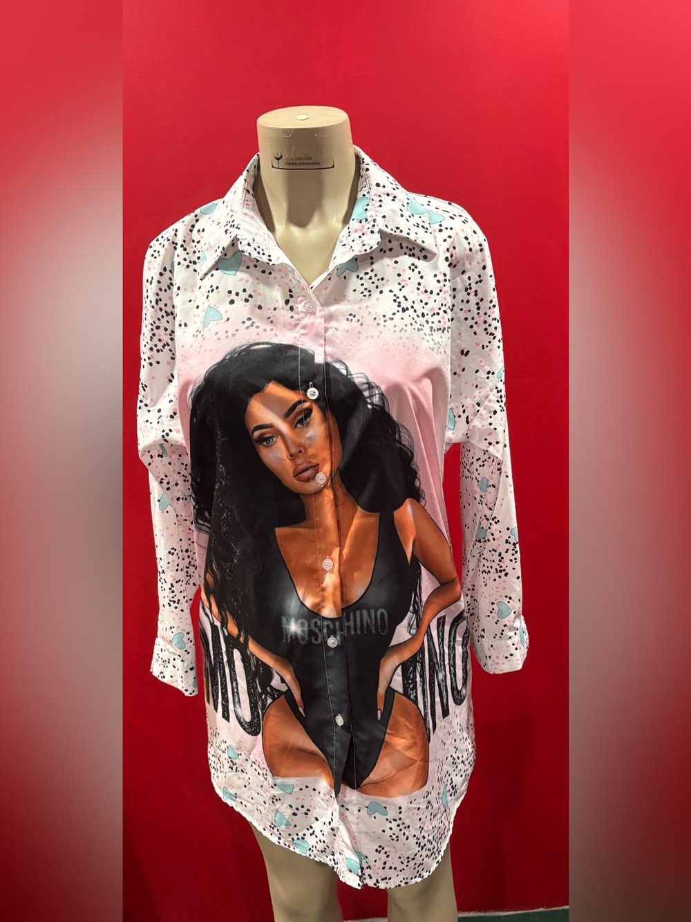 Moschino Pink and Black Button-Down Shirt dress with Graphic Woman Print